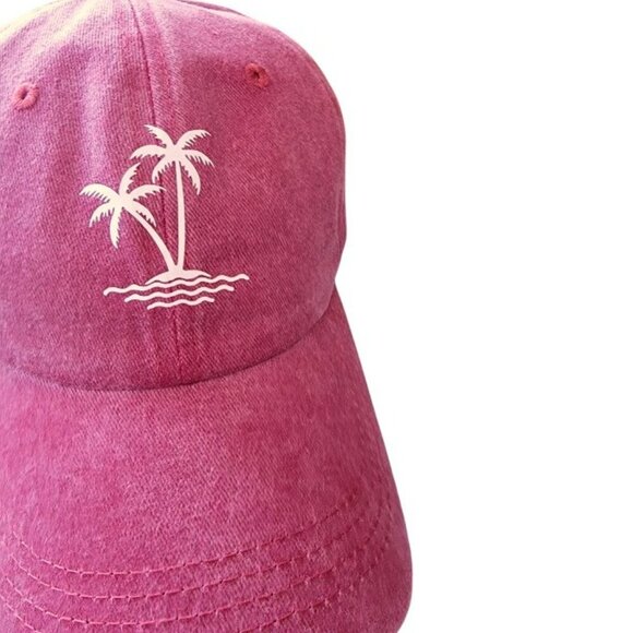 Rose Pink Baseball Cap with White Palm Trees on Island - NWOT - Picture 3 of 4